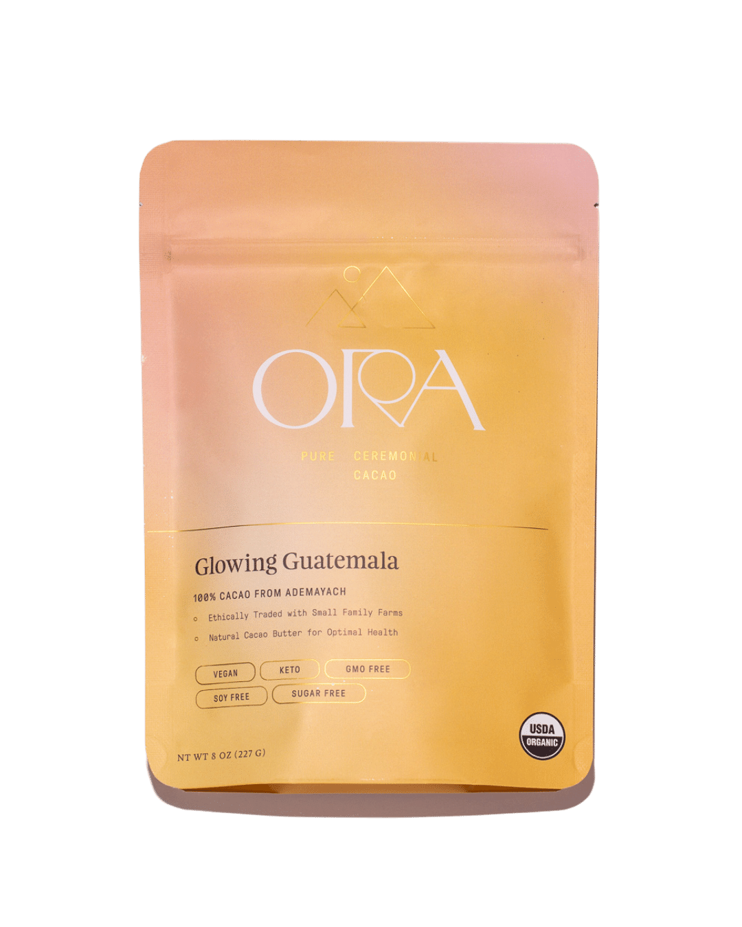 Front of the Ora Glowing Guatemala ceremonial cacao pouch with cacao discs