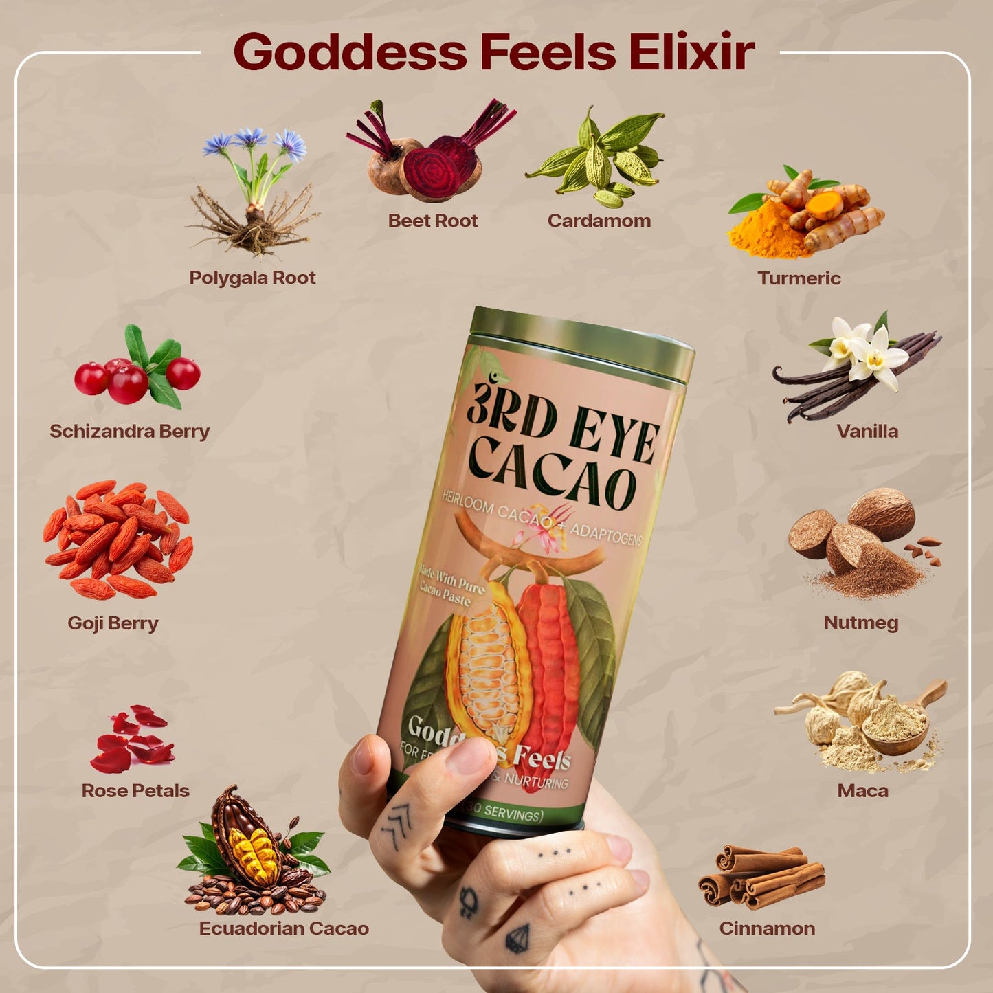 Goddess Feels ceremonial cacao elixir with turmeric, maca, goji and schisandra berry by 3rd Eye Cacao (view 2)