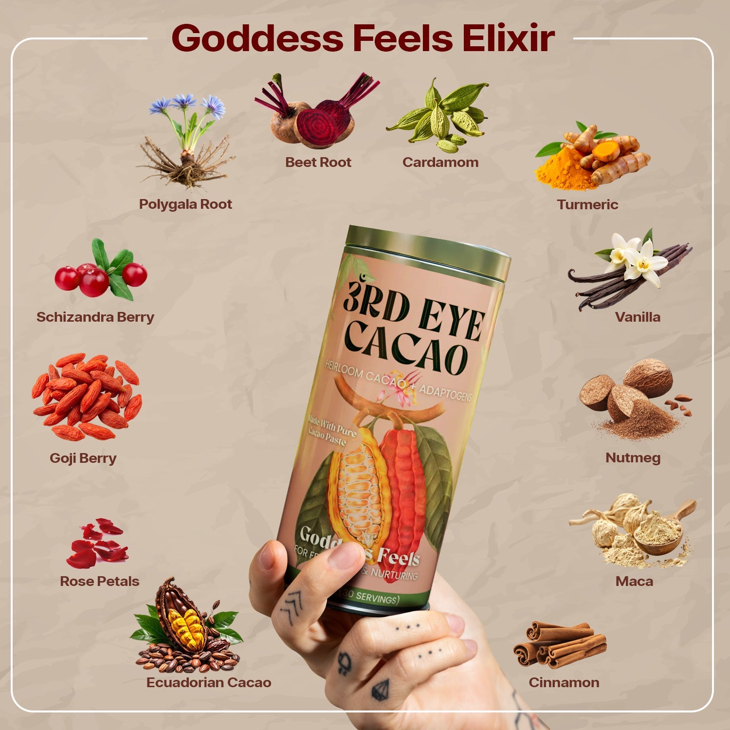Goddess Feels ceremonial cacao elixir with turmeric, maca, goji and schisandra berry by 3rd Eye Cacao (view 2)