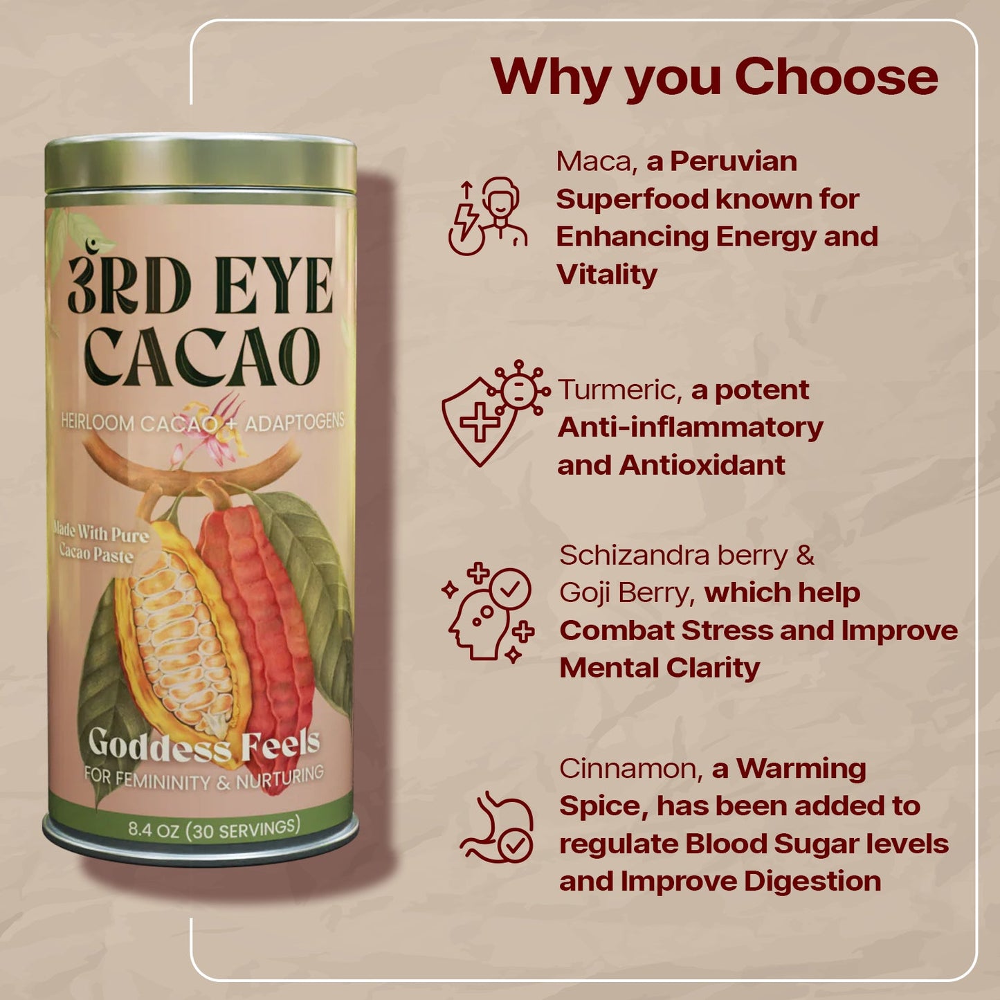 Goddess Feels ceremonial cacao elixir with turmeric, maca, goji and schisandra berry by 3rd Eye Cacao (view 3)