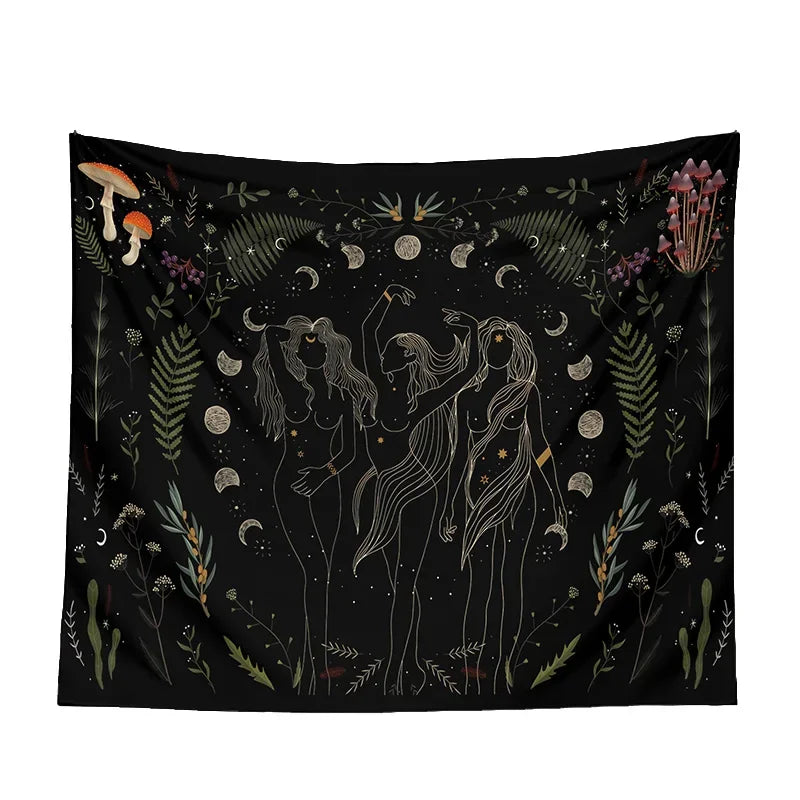 Black moon phase tapestry with lunar cycle print hanging on a wall — view 6 of 6