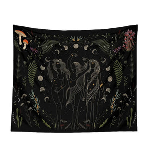 A black tapestry design showing three dancing female figures with flowing hair among stars and lunar phases.