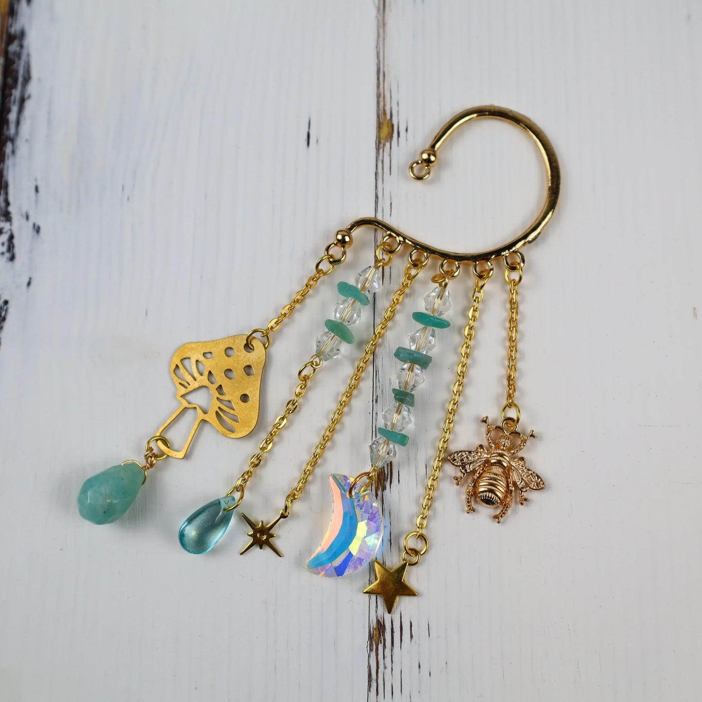 Gold Ear Cuff Crystal Earrings — Sun & Moon Tassel Ear Climber
