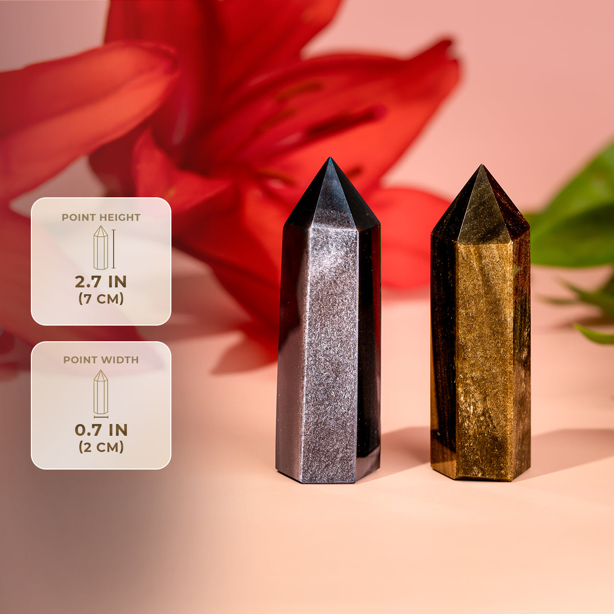 Gold Sheen and Silver Sheen Obsidian crystal points catching the light — view 2