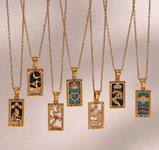 Gold-tone stainless steel tarot card pendant necklace with enamel and zircon detail on a fine chain