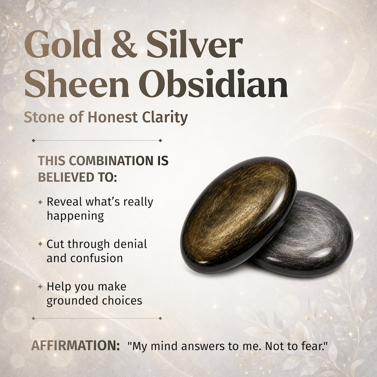 Gold Sheen and Silver Sheen Obsidian crystal points catching the light — view 3