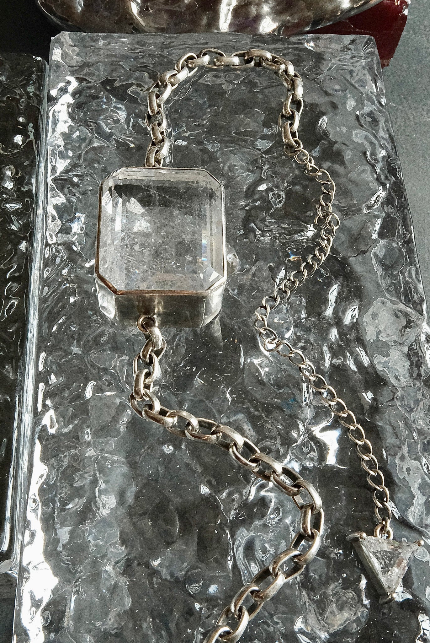 Square Goliath Choker in Striated Crystal — a large squared natural quartz stone on a heavy oxidized silver cable chain