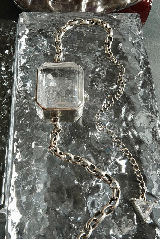 Square Goliath Choker in Striated Crystal — a large squared natural quartz stone on a heavy oxidized silver cable chain