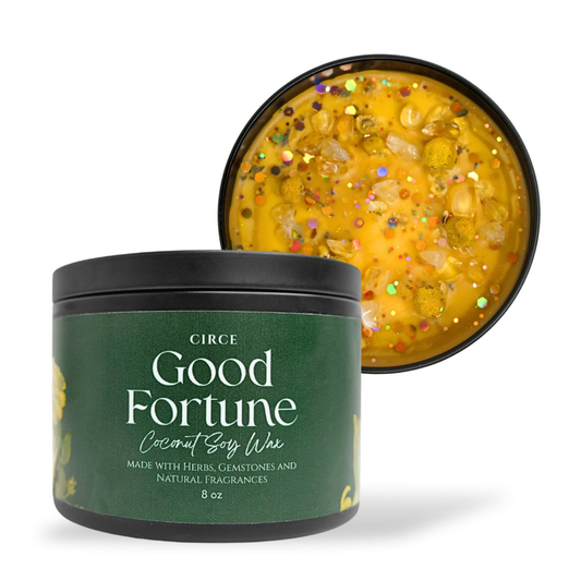 Good Fortune spell candle in an 8 ounce jar with a cotton wick, front view