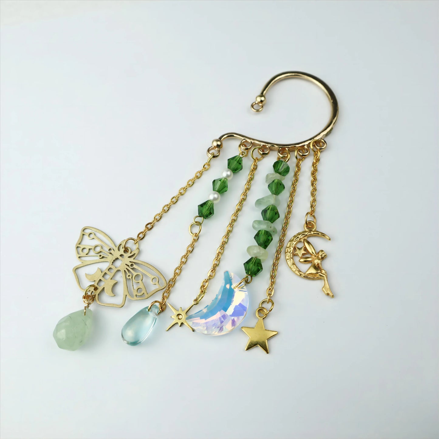 Gold Ear Cuff Crystal Earrings — Sun & Moon Tassel Ear Climber