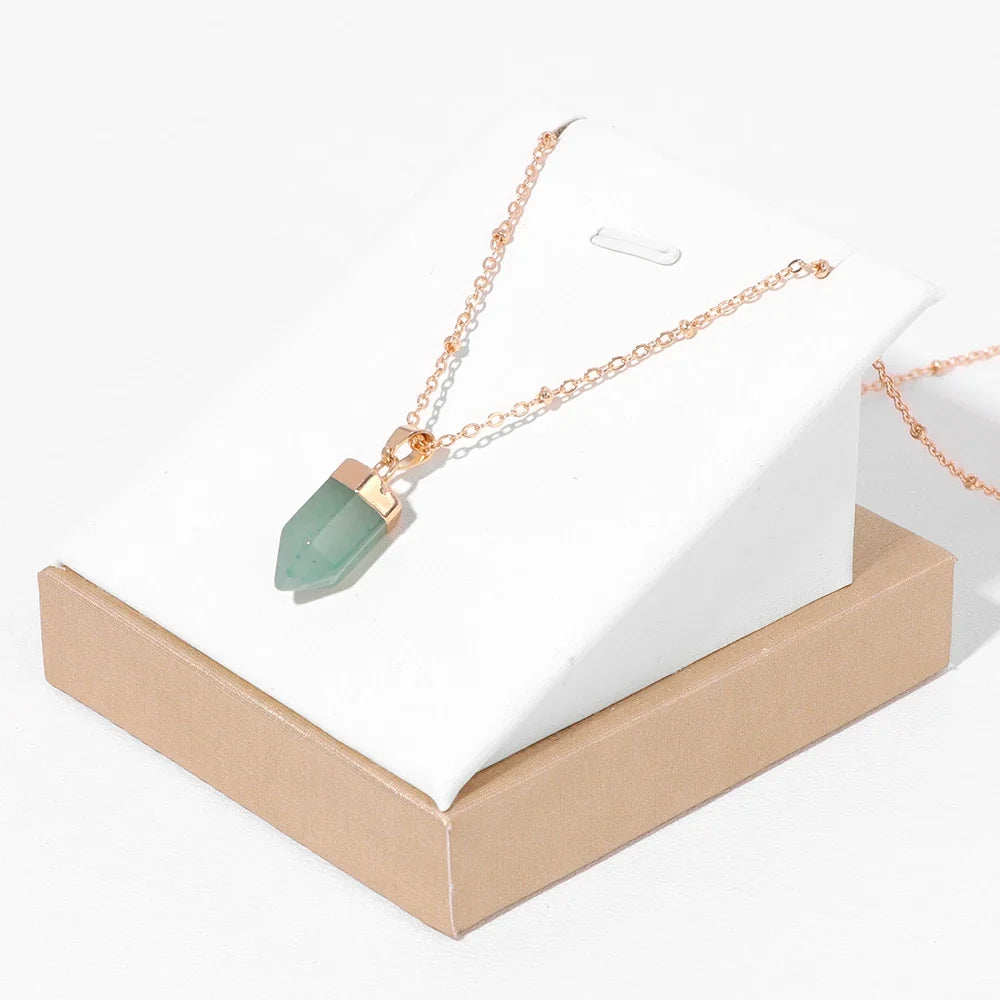 Crystal point pendant necklace with a hexagon gemstone column on a gold-tone link chain — view 19 of 20