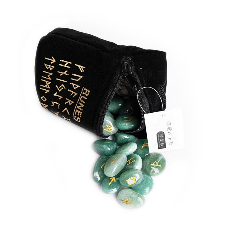 Crystal Rune Set — 25 Carved Stone Runes with Velvet Bag