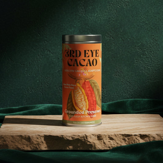 3rd Eye Cacao Grounded Presence tin, 8.4 oz, on a stone slab against a dark green backdrop