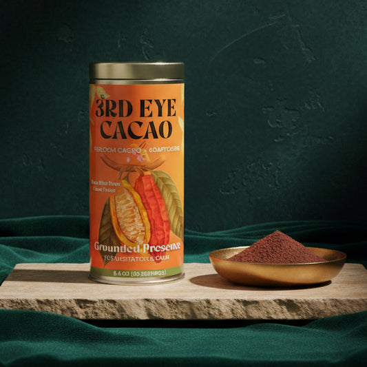 3rd Eye Cacao Grounded Presence tin on a wooden board beside a brass dish of loose cacao powder