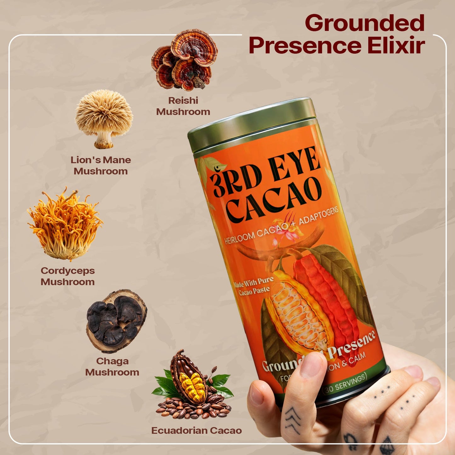 Grounded Presence ceremonial cacao elixir with reishi, chaga, cordyceps and lion's mane by 3rd Eye Cacao (view 2)