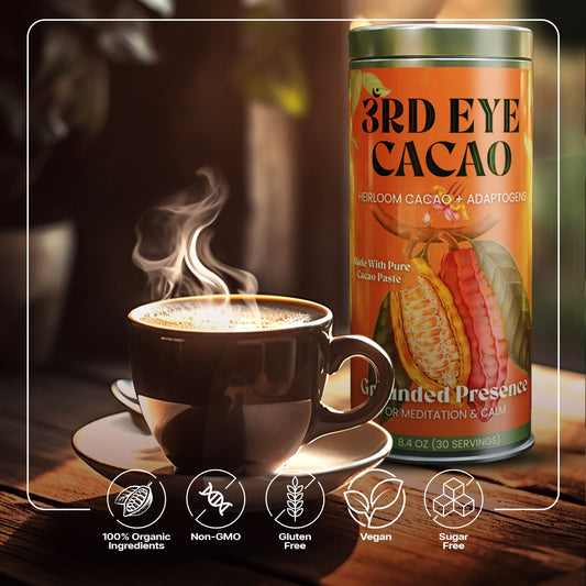 Grounded Presence cacao elixir powder with lion's mane, ashwagandha and maca by 3rd Eye Cacao