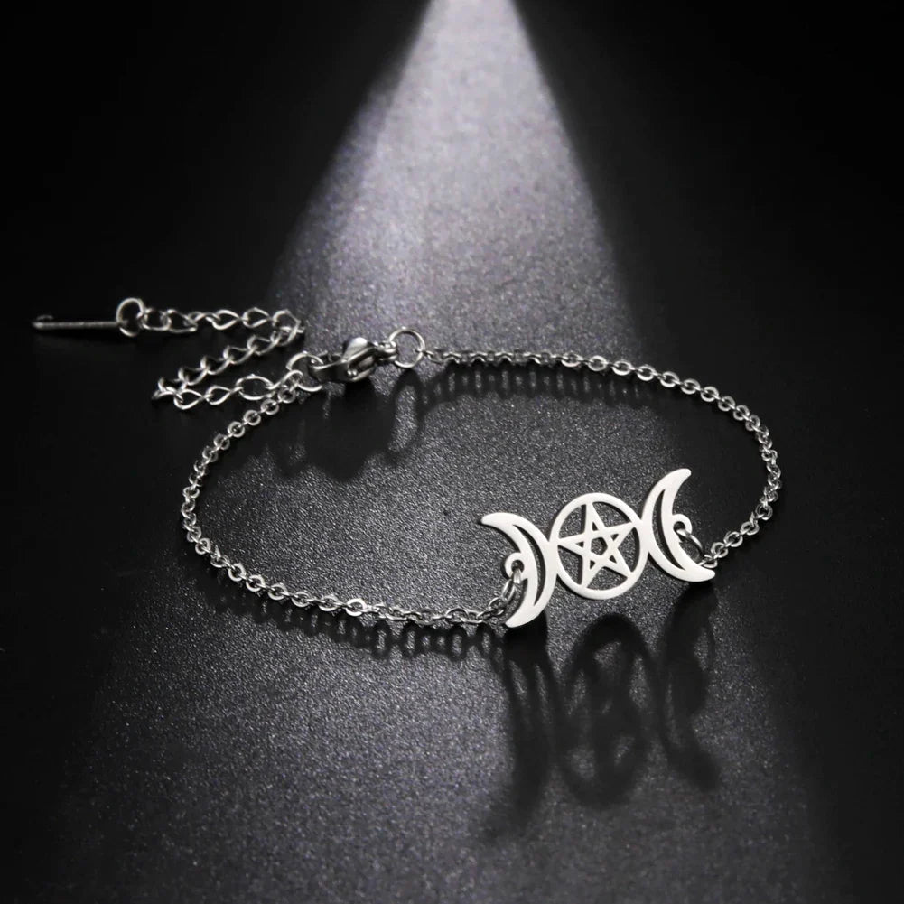 Triple moon pentacle charm in stainless steel on an adjustable lace-up cord bracelet — view 2 of 13