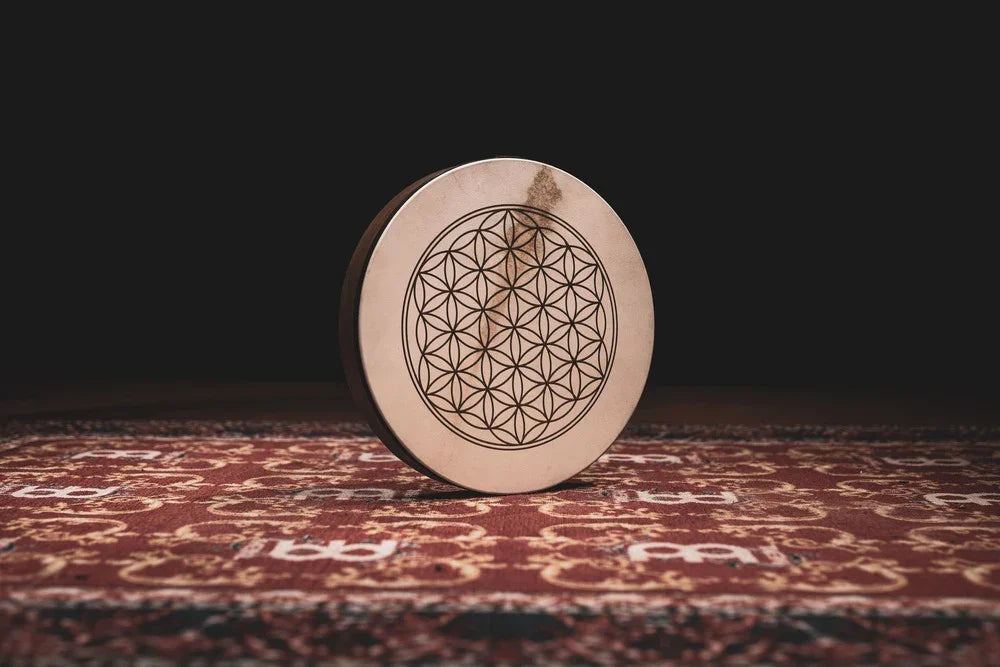 16-inch goatskin frame hand drum with a Flower of Life design on a Siam Oak frame — view 2 of 7