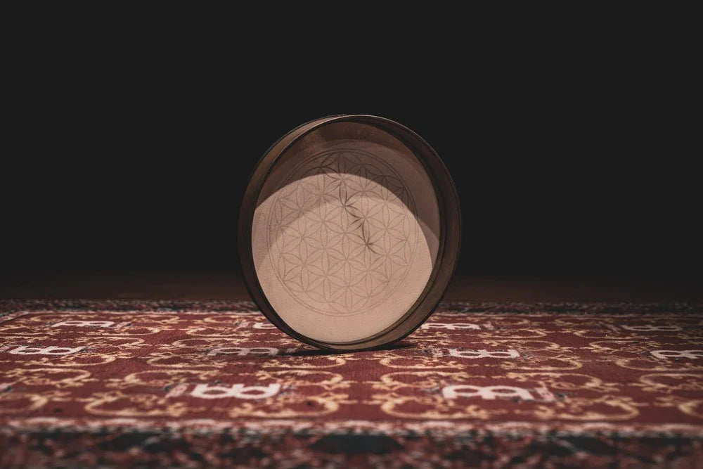16-inch goatskin frame hand drum with a Flower of Life design on a Siam Oak frame — view 3 of 7