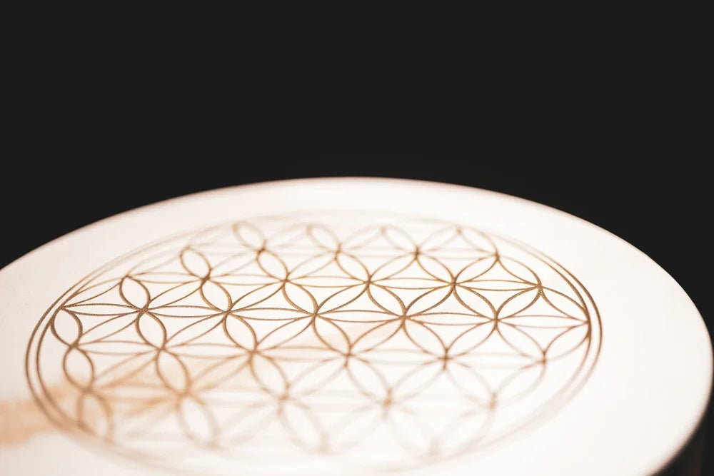16-inch goatskin frame hand drum with a Flower of Life design on a Siam Oak frame — view 5 of 7