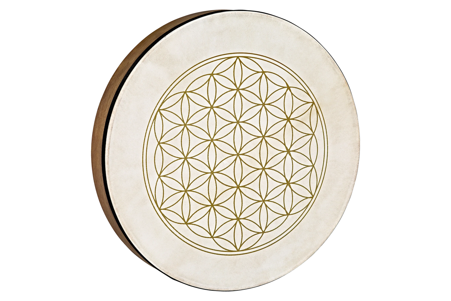 16-inch goatskin frame hand drum with a Flower of Life design on a Siam Oak frame — view 1 of 7