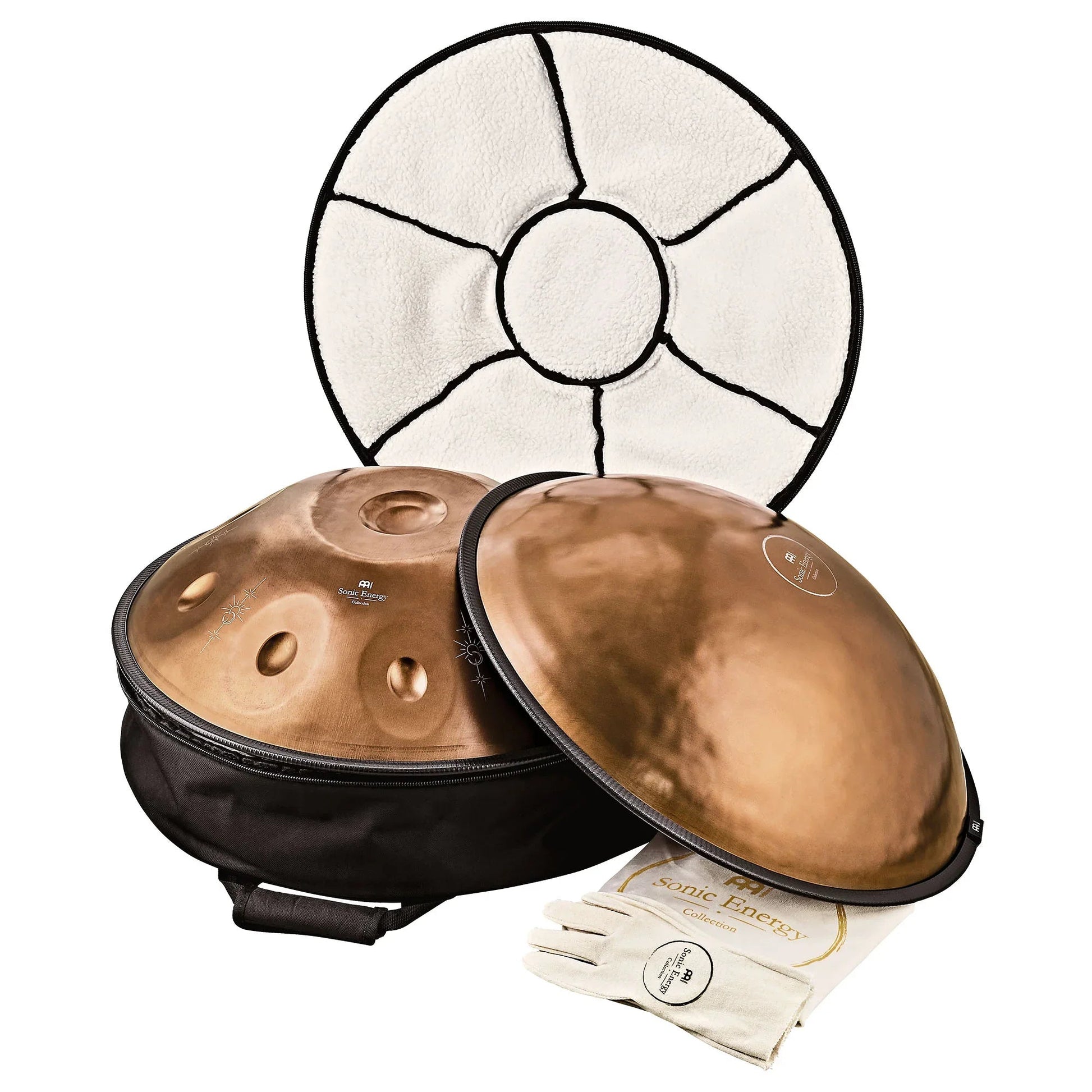 Vintage copper Sensory handpan with engraved design presented in a calm, naturally lit setting.
