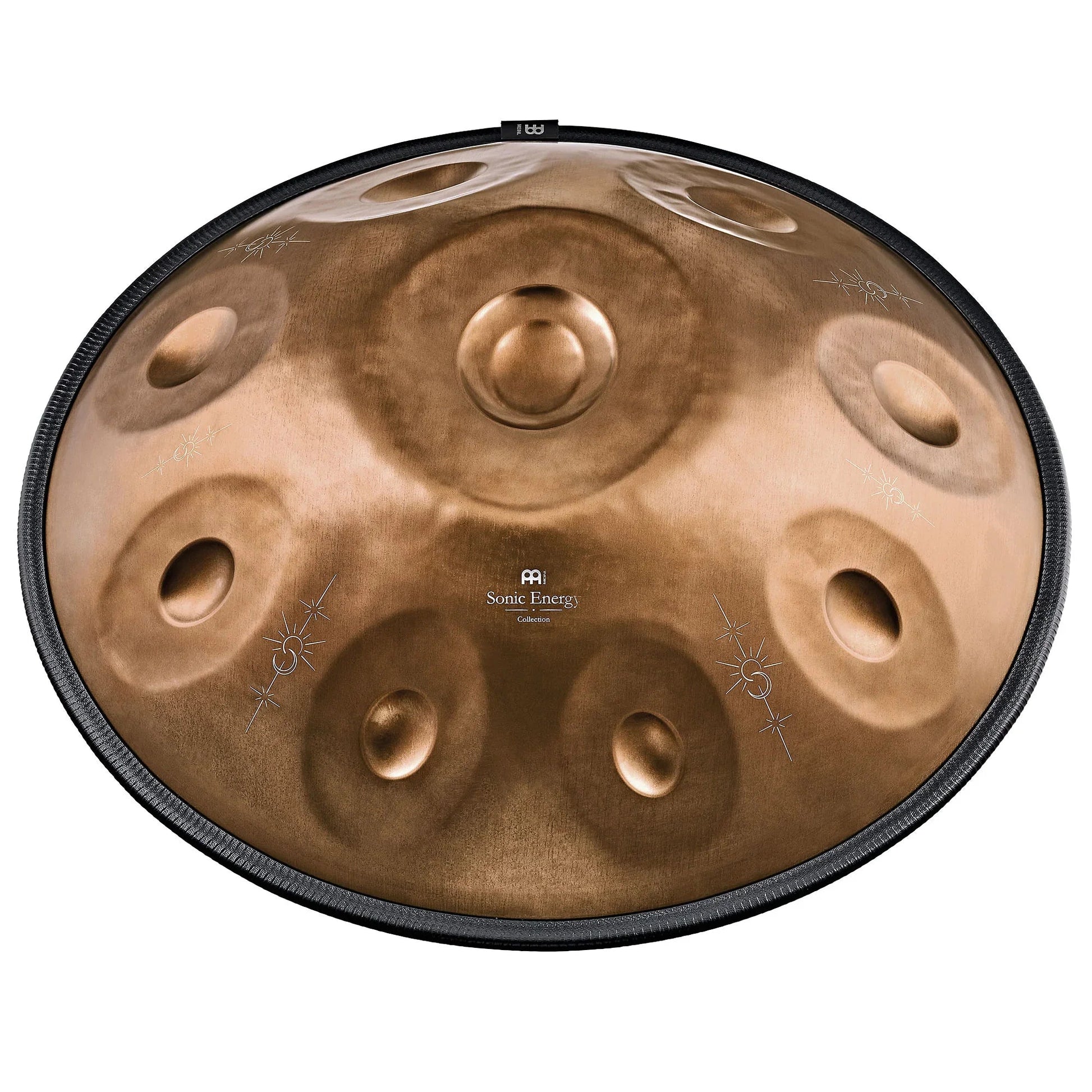 Vintage copper Sensory handpan with engraved design shown on a plain neutral background.