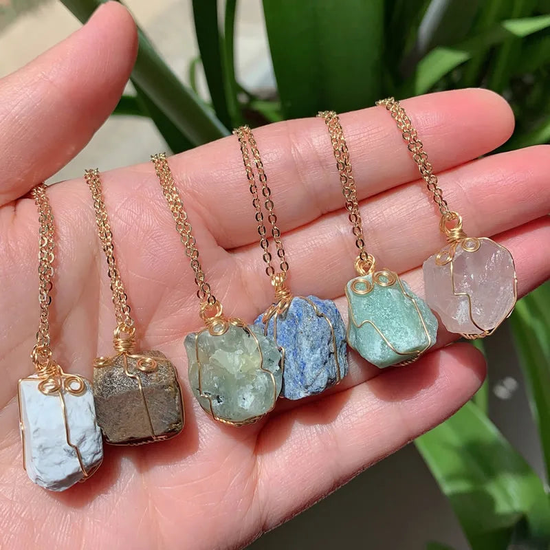 Raw Crystal Wire-Wrapped Necklace — Gold-Plated Chain, 22 Stones