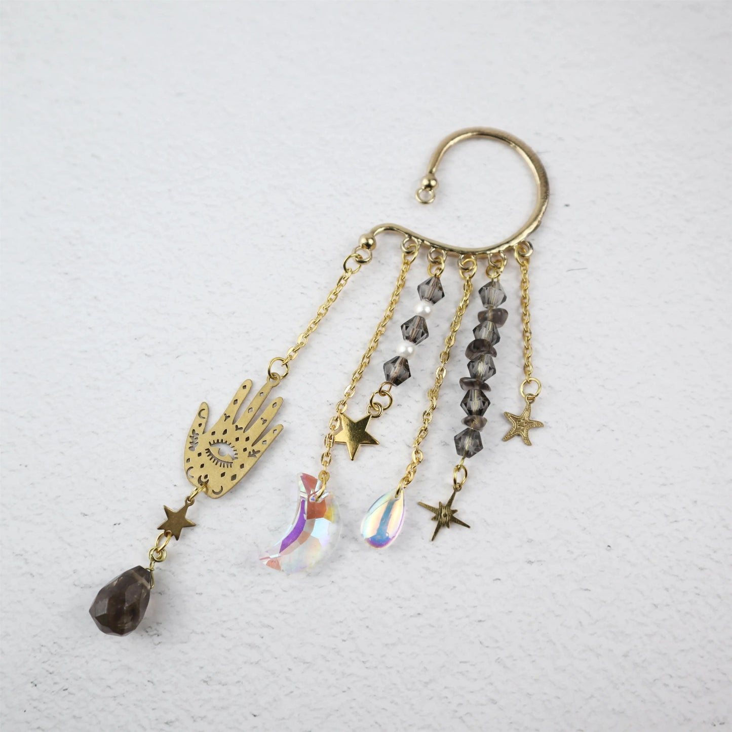 Gold Ear Cuff Crystal Earrings — Sun & Moon Tassel Ear Climber