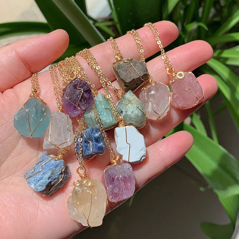 Raw Crystal Wire-Wrapped Necklace — Gold-Plated Chain, 22 Stones