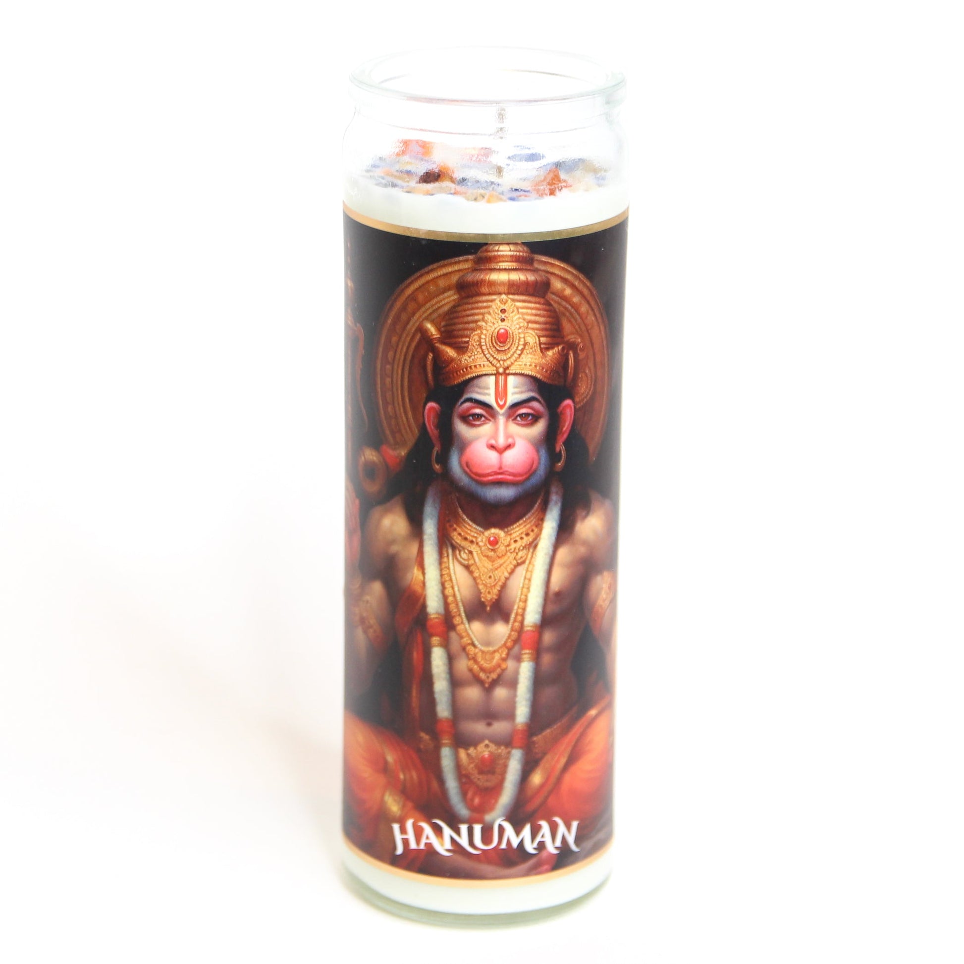 Close-up of the crystals set on top of the Hanuman altar candle