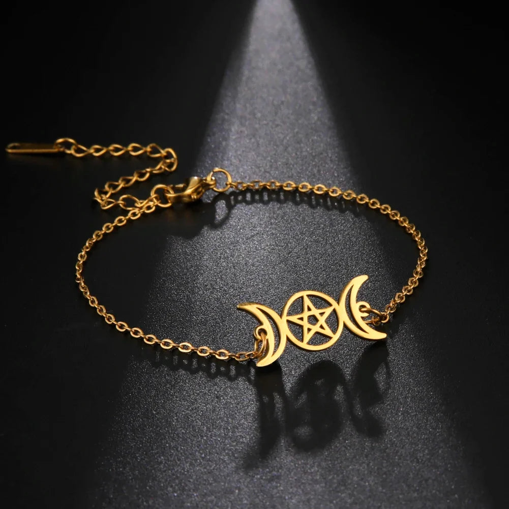Triple moon pentacle charm in stainless steel on an adjustable lace-up cord bracelet — view 3 of 13