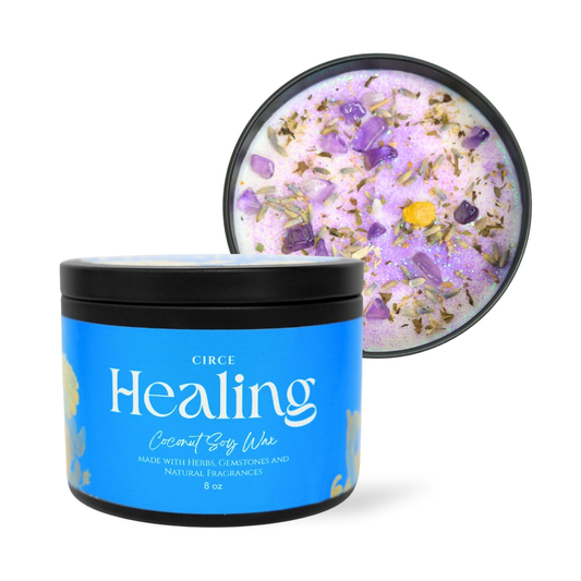 Healing ritual candle in an 8 oz jar with lavender, chamomile and amethyst