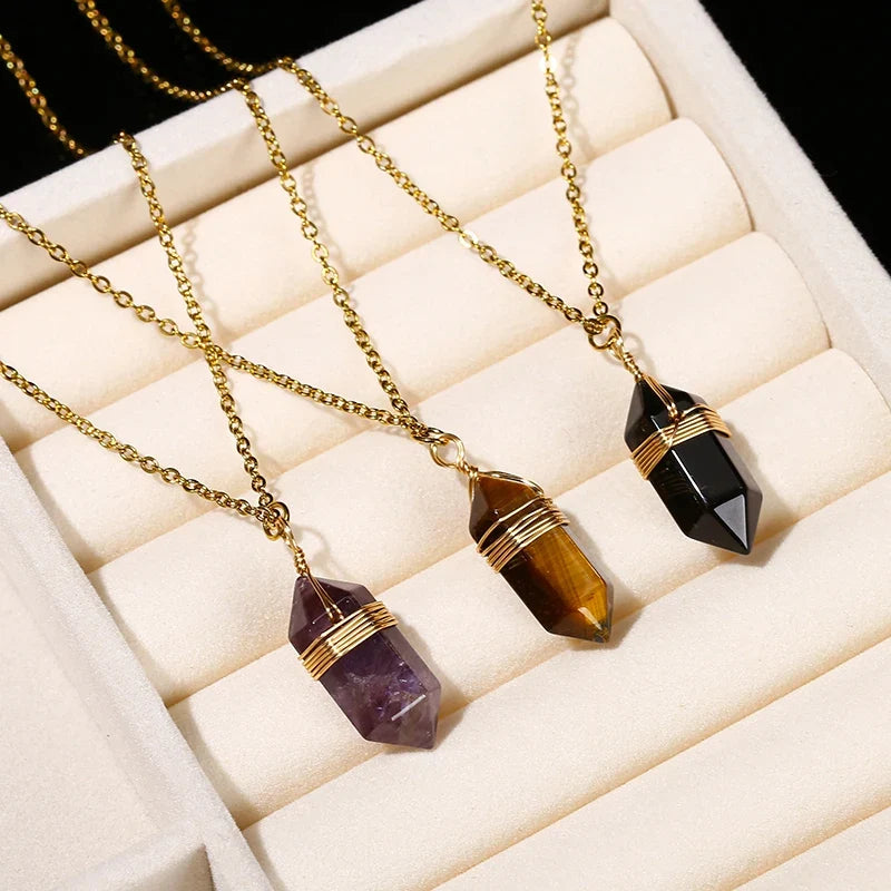 Wire-wrapped hexagonal crystal pendant in gold-plated copper on an adjustable chain — view 11 of 12