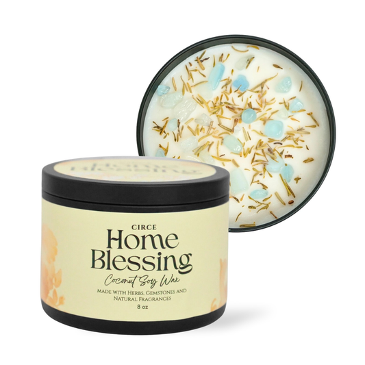 Home Blessing ritual candle in an 8 oz jar with rosemary, thyme and aquamarine