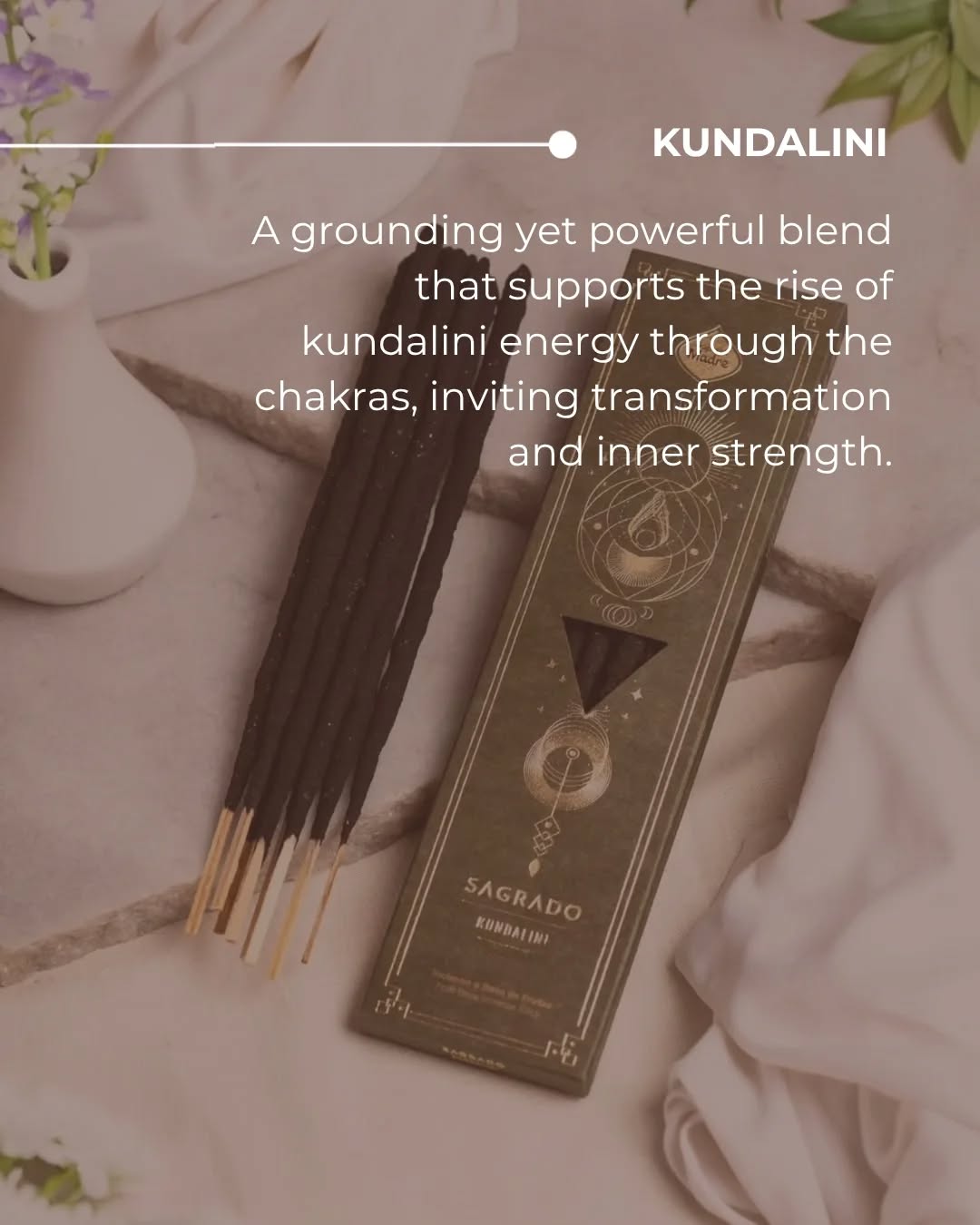 Kundalini packaging with the maker description of the blend on a soft neutral background