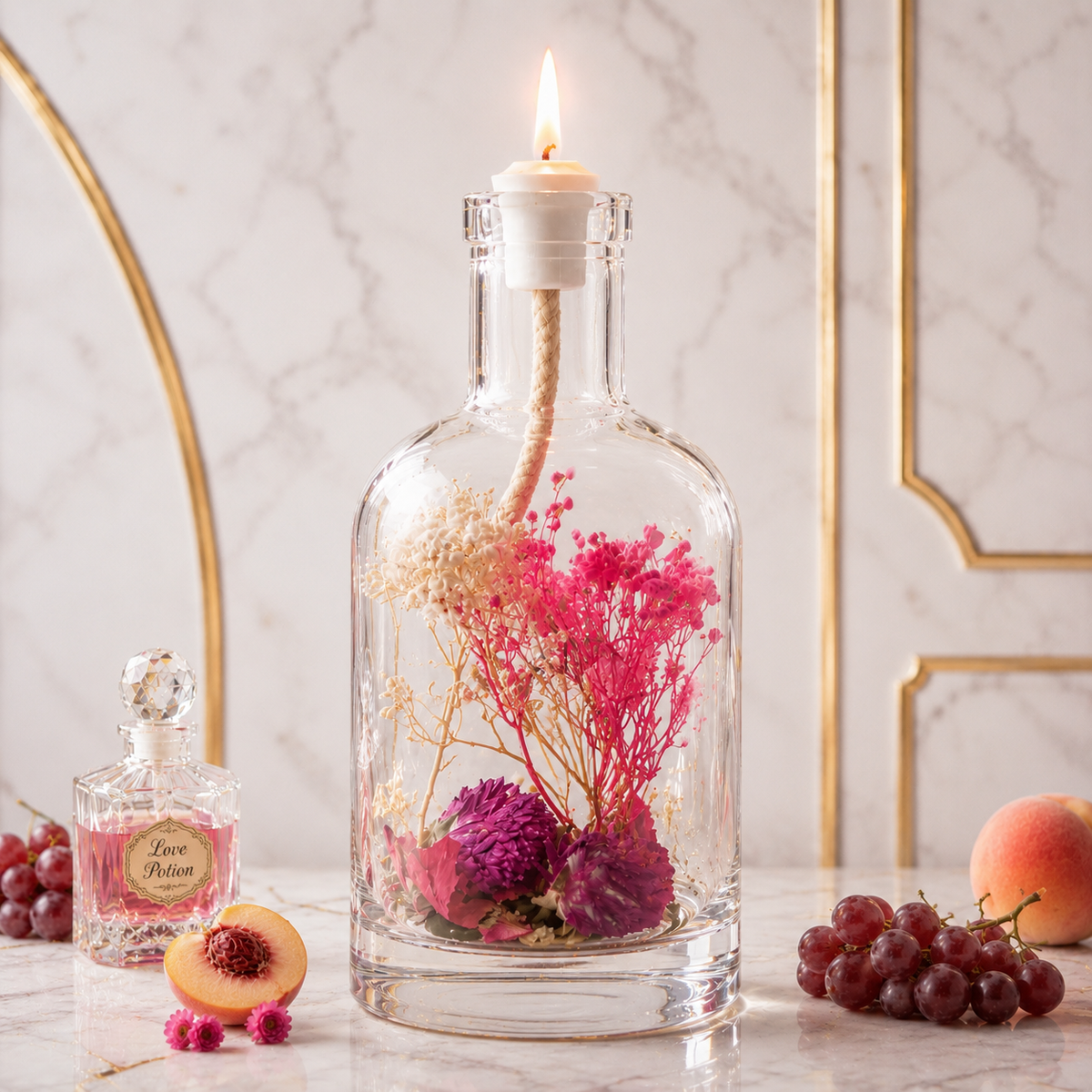 Aphrodite oil candle burning beside a small perfume flacon labeled Love Potion, the glass bottle filled with pink and magenta dried blooms, with red grapes and a peach alongside.