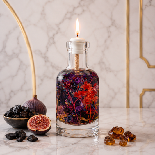 Lit Hekate oil candle: a clear glass bottle of dark red and purple dried flowers with a burning wick, on marble before a brass arch, beside a bowl of dried black figs and pieces of amber resin