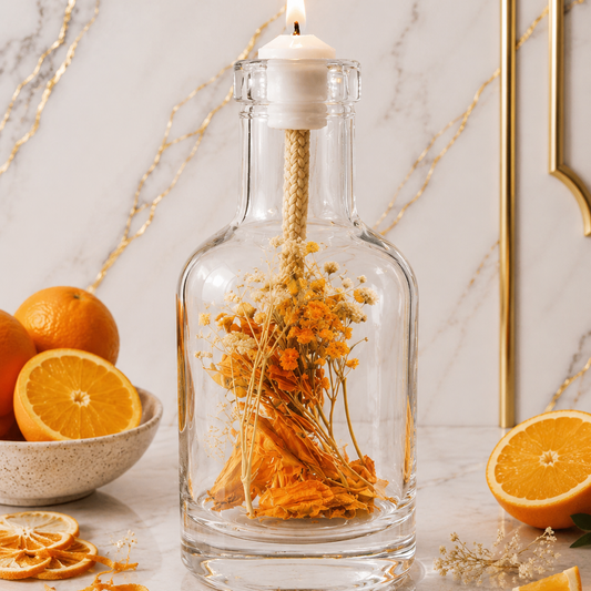 Helios oil candle burning, its glass bottle packed with golden-orange dried flowers, surrounded by whole oranges, orange halves and dried citrus wheels.
