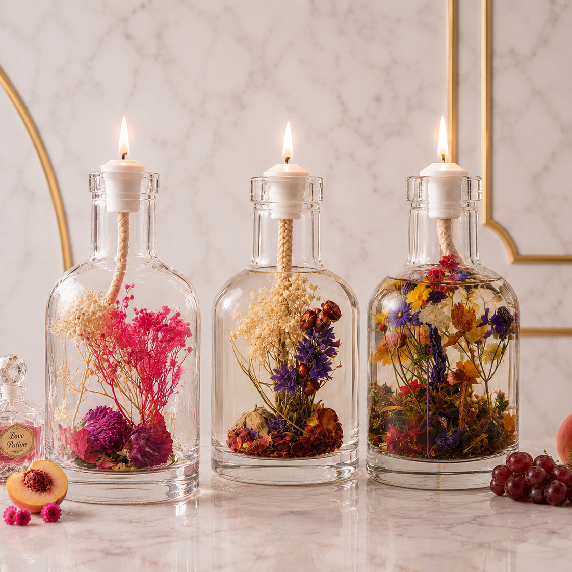 Self-Care Trio: three lit glass oil candles filled with pink, magenta and warm-toned dried flowers, styled on marble with peach slices, red currants and scattered rose petals.