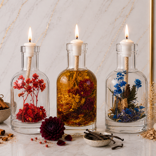 Reclaim Your Power Trio: three lit glass oil candles in red, amber and blue tones, styled on marble with a dark red dahlia and vanilla pods.