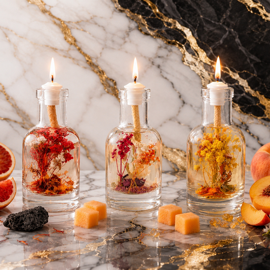 Fire Trio: three lit glass oil candles in red, orange and amber tones, styled on marble with grapefruit slices, peach and caramel cubes.