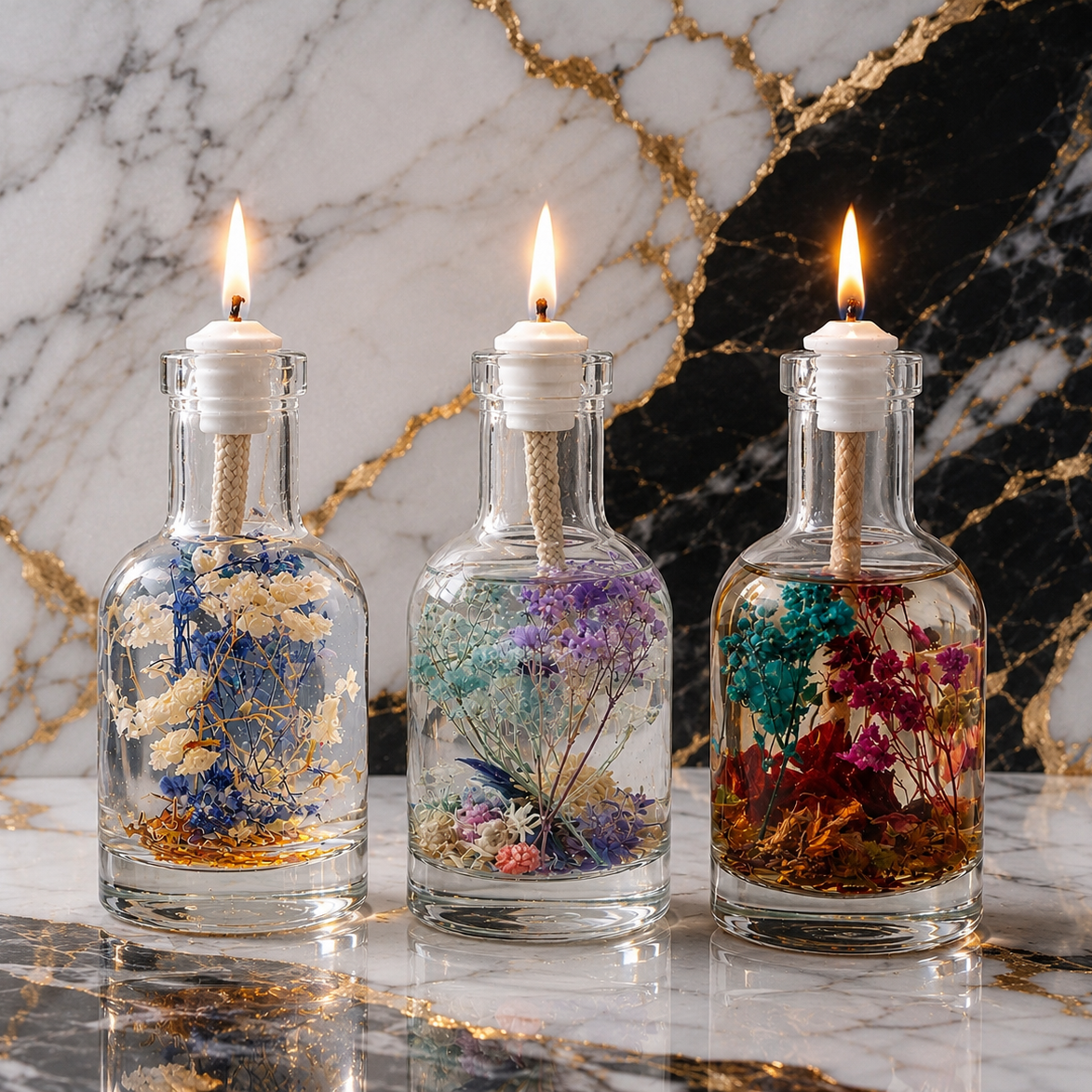 Water Trio: three lit glass oil candles holding blue, white and deep red botanicals, arranged on marble with dark polished stones.