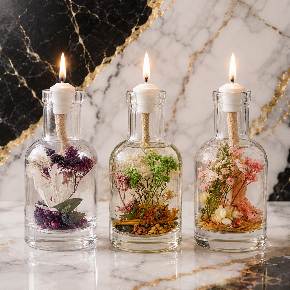 Earth Trio: three lit glass oil candles holding purple, green and cream dried botanicals, standing on gold-veined marble beside a pale seashell.