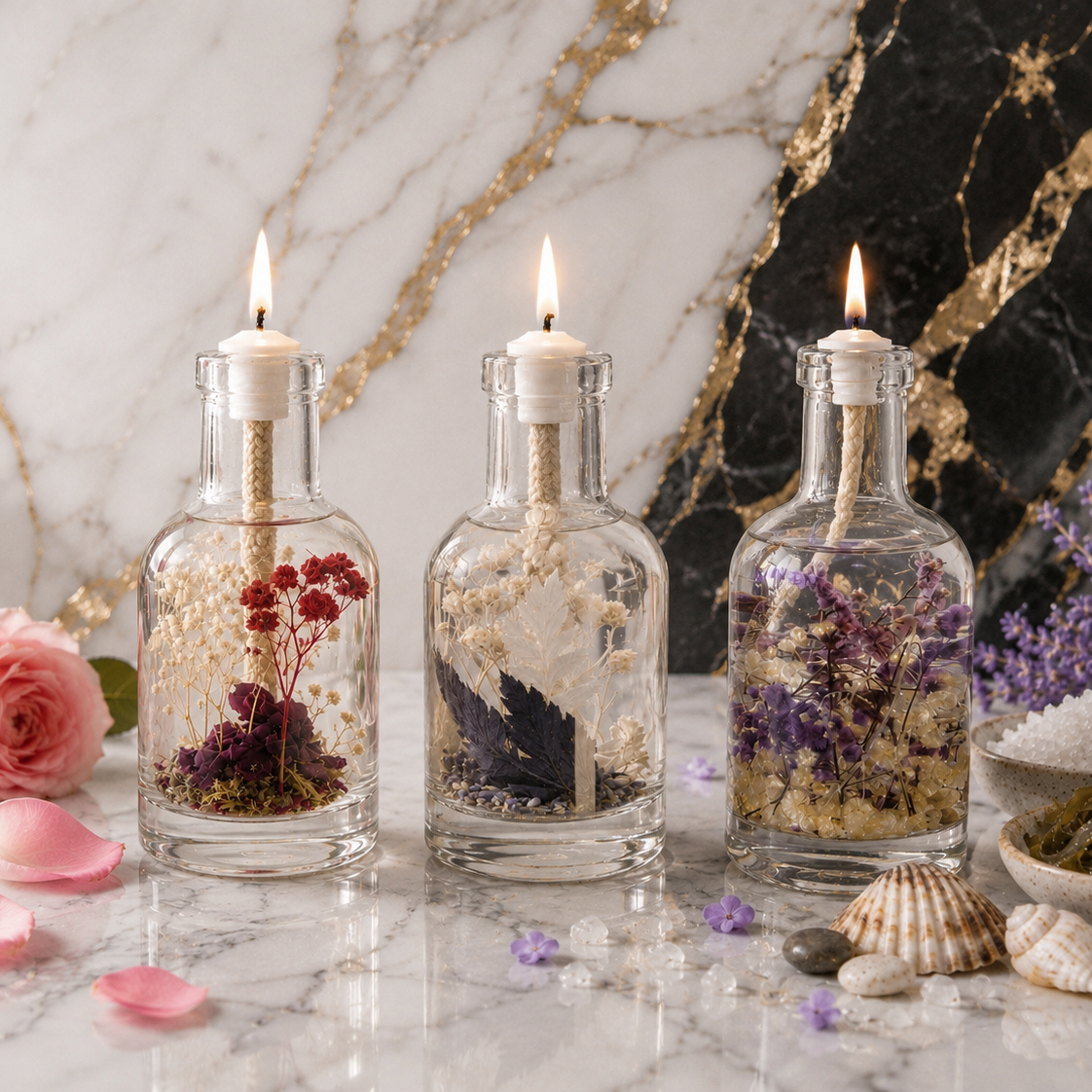 Air Trio: three lit glass oil candles holding red berries, white blooms and purple petals, arranged on black and white marble with small seashells.