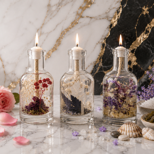 Air Trio: three lit glass oil candles holding red berries, white blooms and purple petals, arranged on black and white marble with small seashells.