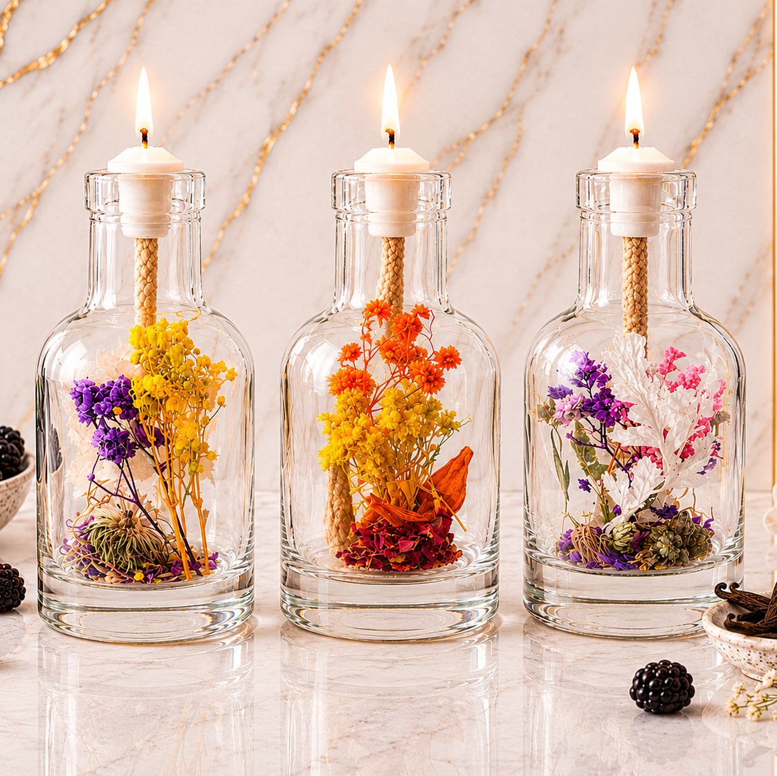 Abundance Altar Trio: three lit glass oil candles with purple, orange and cream botanicals, styled on marble with a blackberry and orange slices.