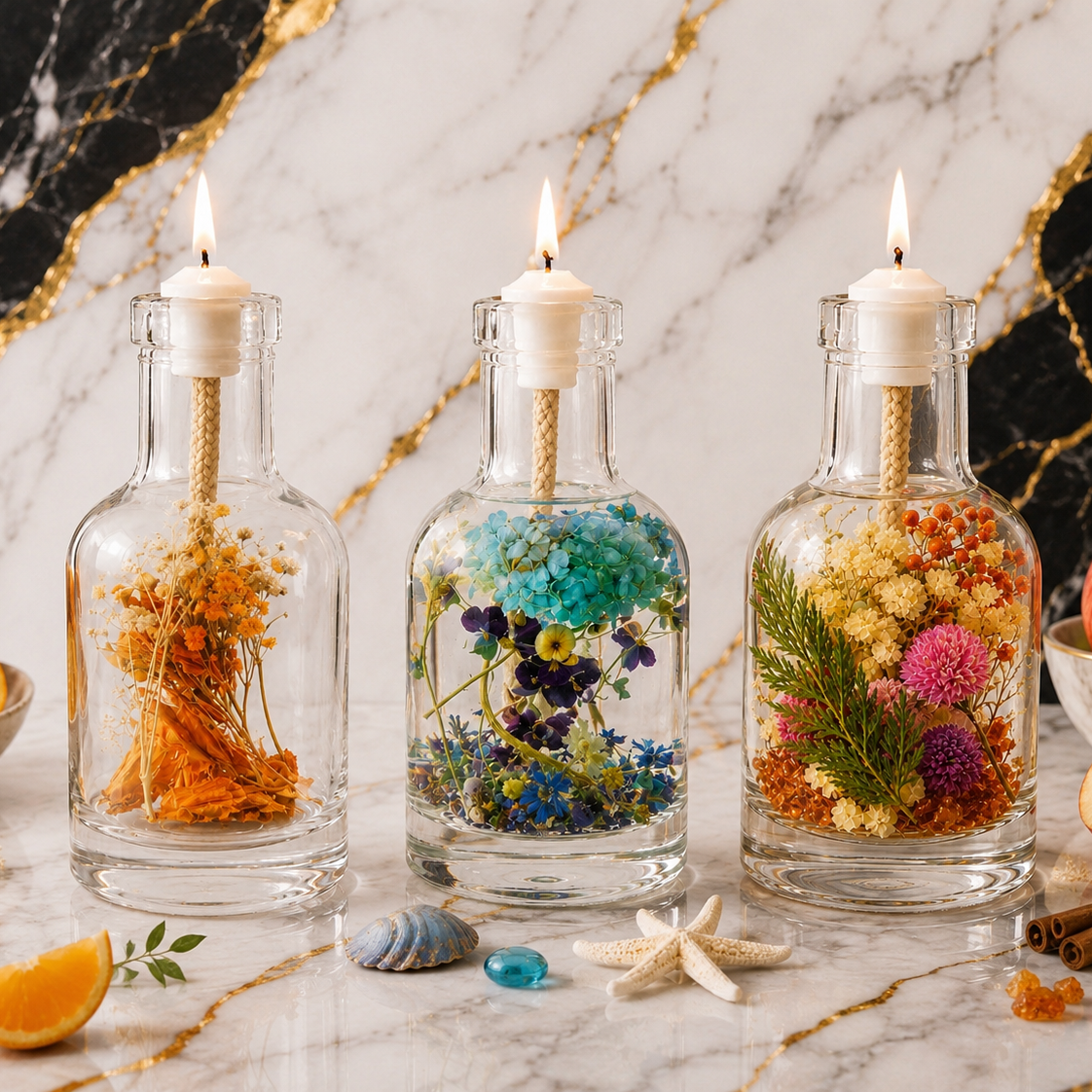 Sacred Space Trio: three lit glass oil candles in orange, blue and blush tones, styled with a starfish, smooth pebbles and citrus.
