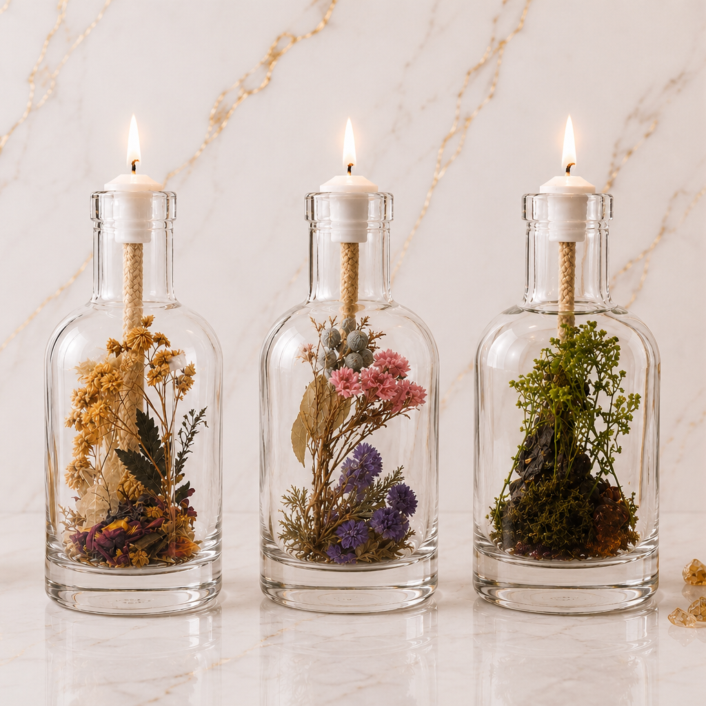 Truth and Transformation Trio: three lit glass oil candles holding violet, crimson and mossy green botanicals on gold-veined marble.