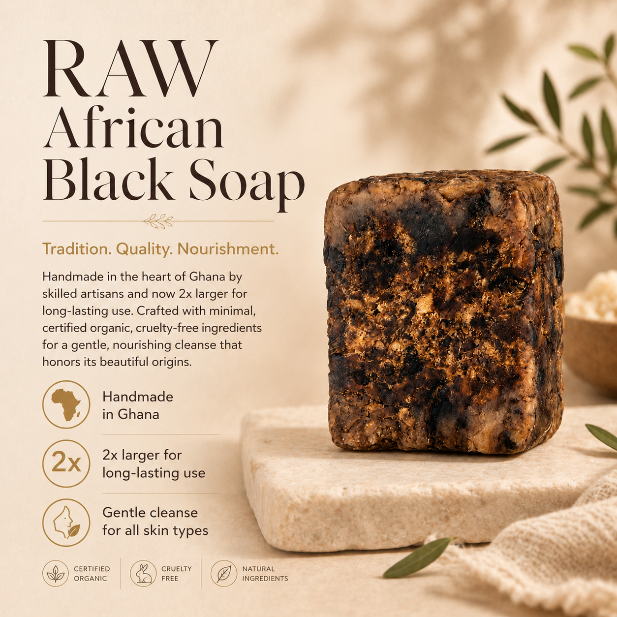 Close-up texture of handmade raw African black soap